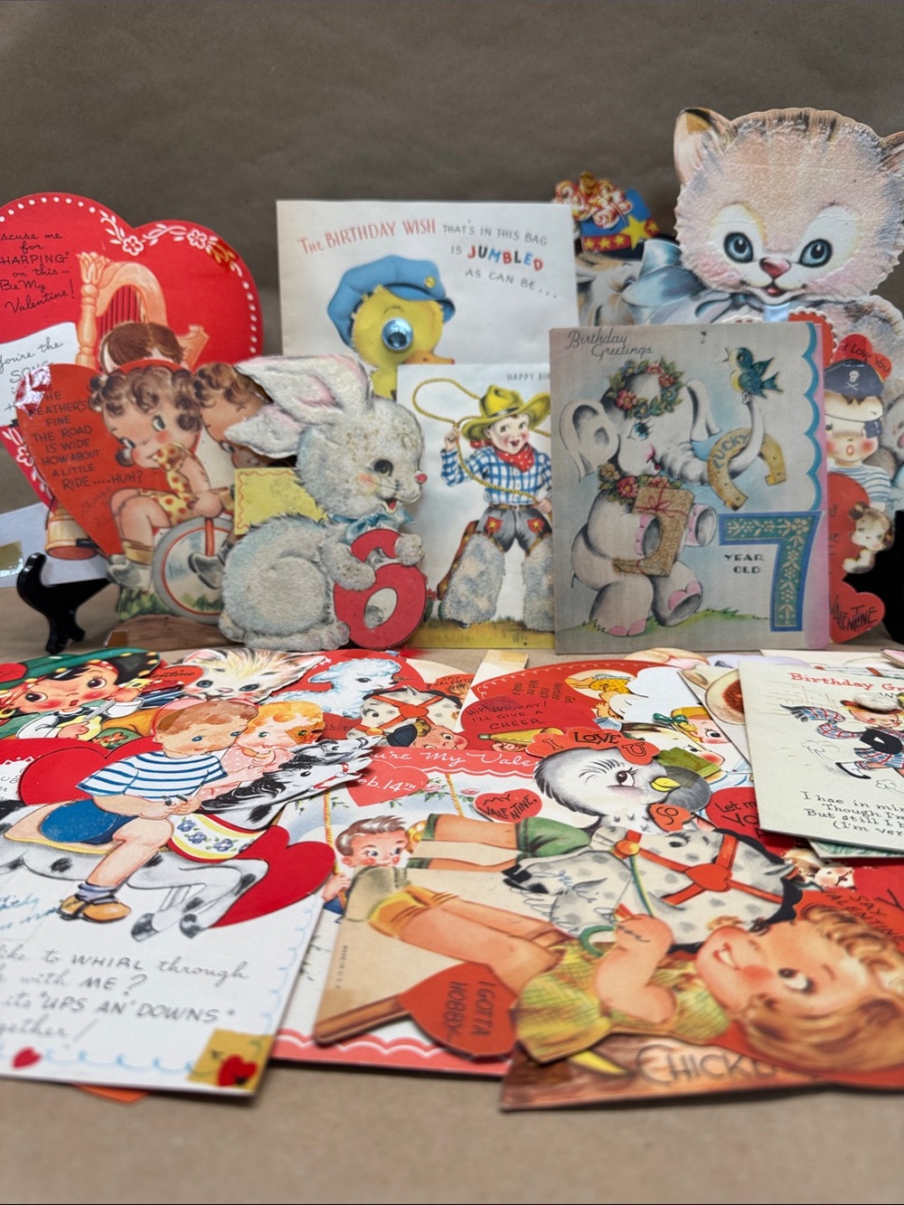 57 Vintage Die-Cut Greeting Card Lot - Multicolor Hearts & Characters